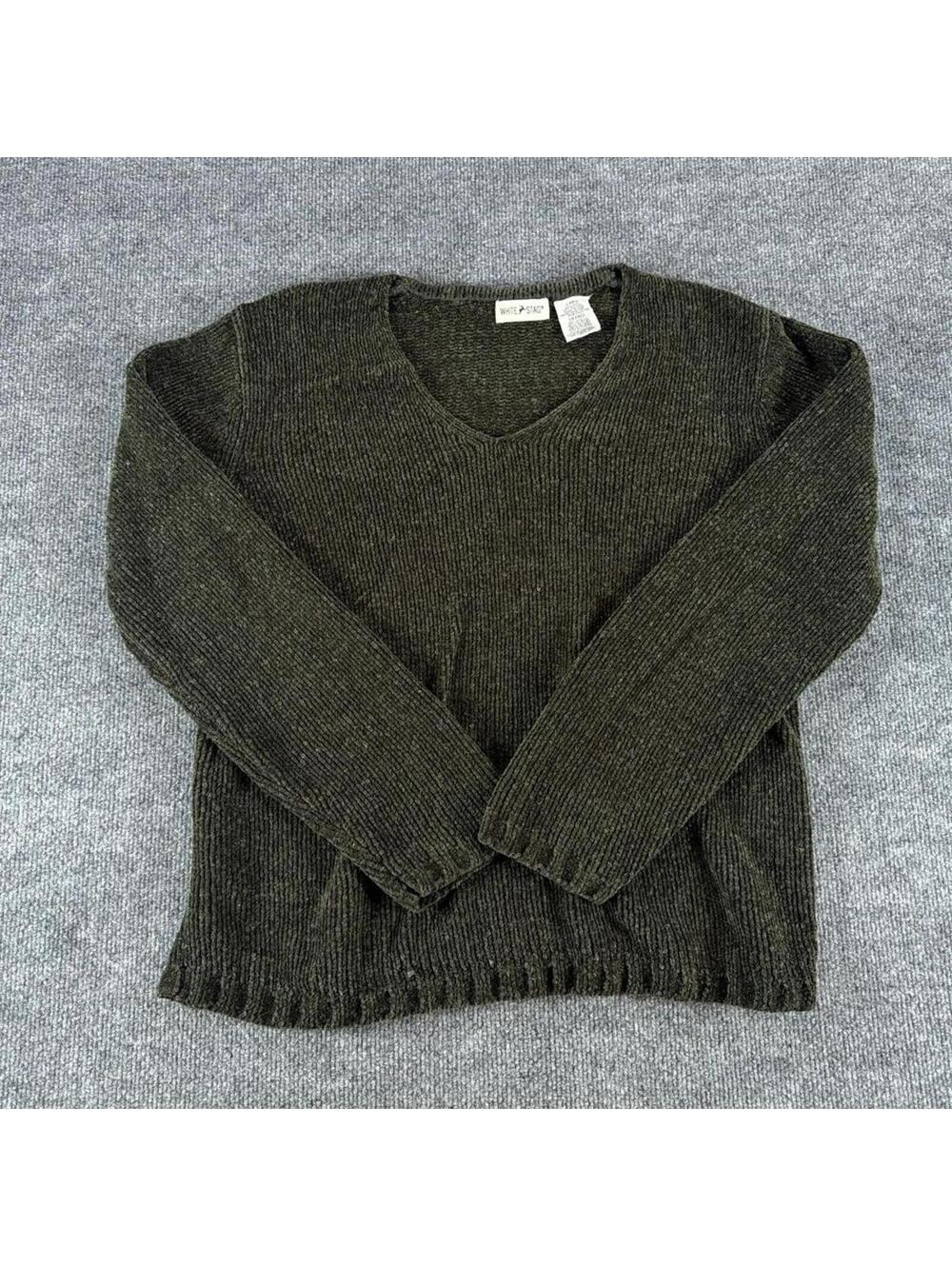 White Stag Women's Large Olive Green V-Neck Sweater - Cottage, Boho, Fall, Cozy
